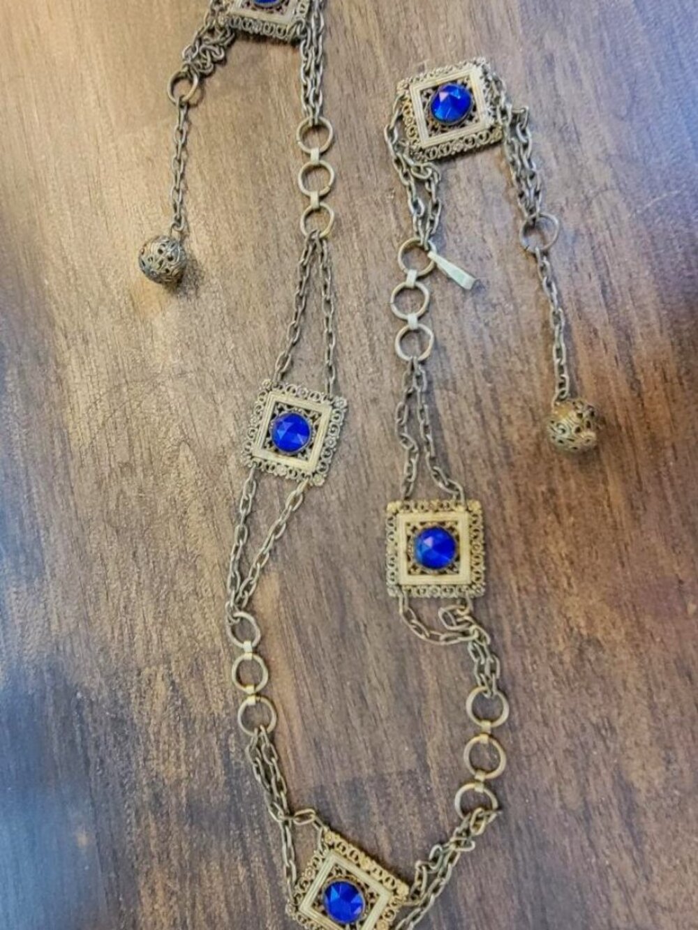 Vtg Art deco Style Ornate Brass Chain Belt With Blue Czech Glass and Filigree